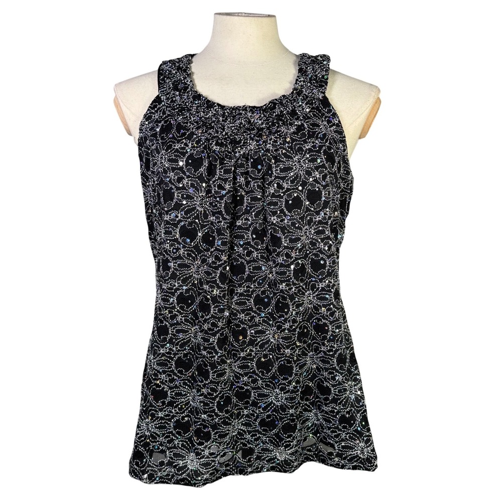 Y2K Cocomo Pop Womens XL Black Lace Sequin Halter Neck Tank Top Blouse